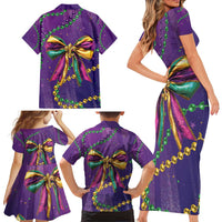 Mardi Gras Family Matching Short Sleeve Bodycon Dress and Hawaiian Shirt Coquette Bow Glitter Motifs - Wonder Print Shop