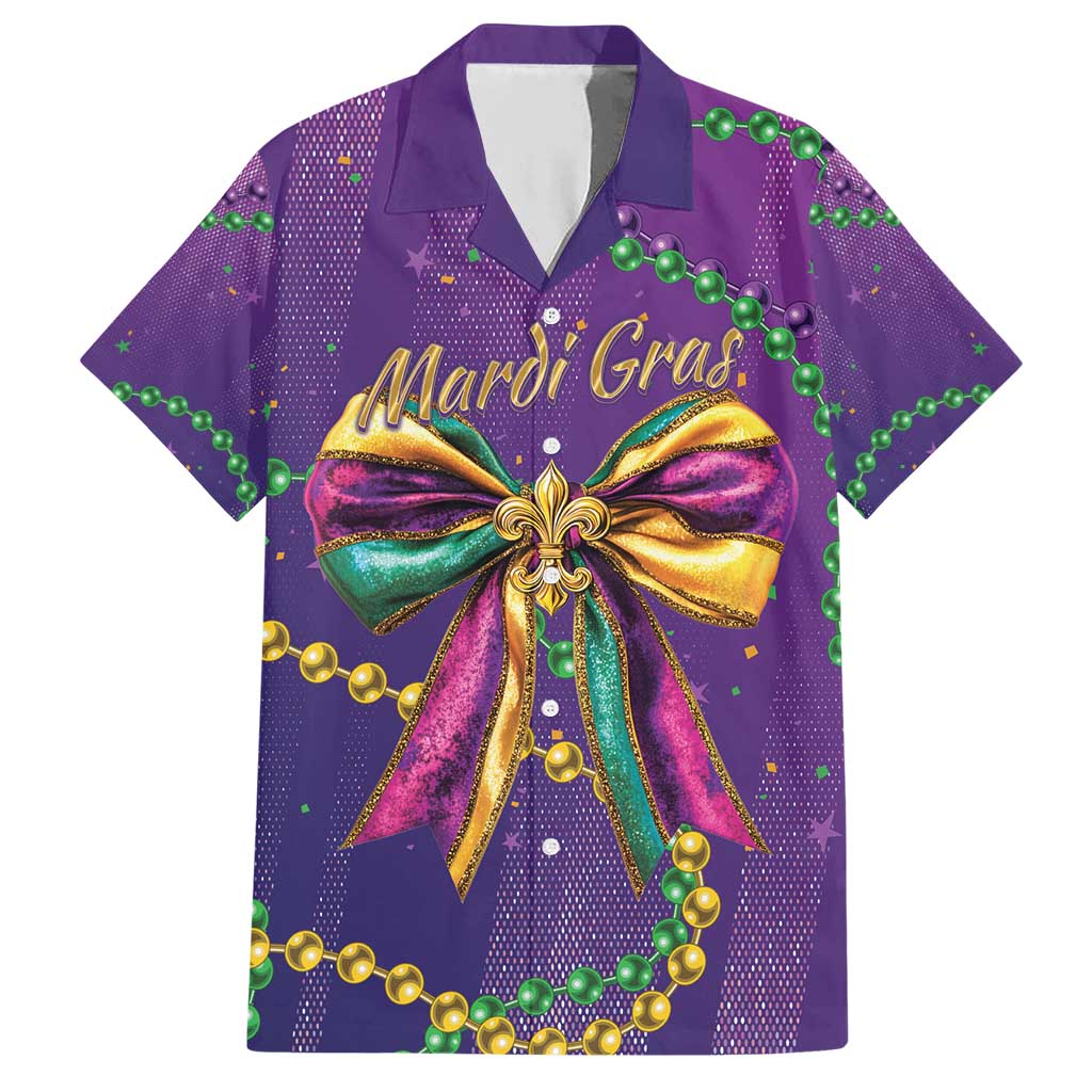 Mardi Gras Family Matching Short Sleeve Bodycon Dress and Hawaiian Shirt Coquette Bow Glitter Motifs - Wonder Print Shop