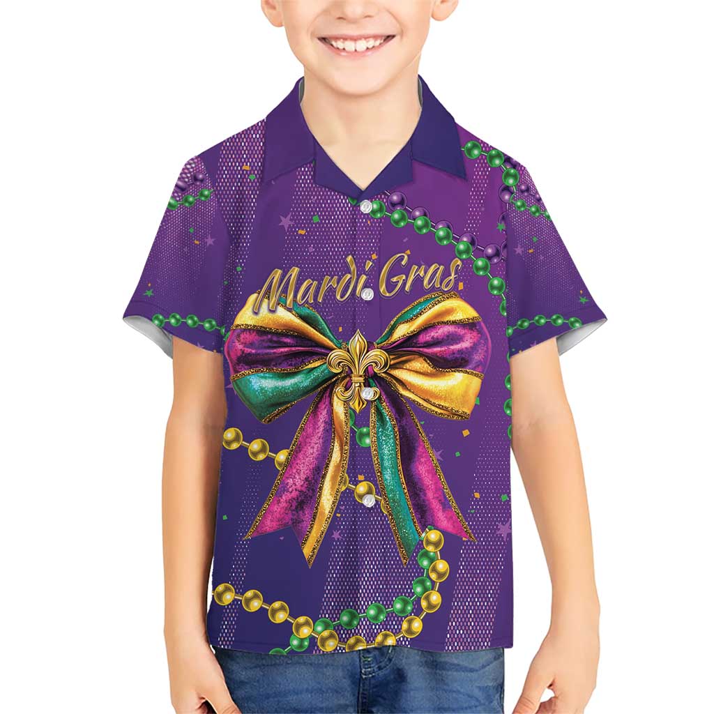 Mardi Gras Family Matching Short Sleeve Bodycon Dress and Hawaiian Shirt Coquette Bow Glitter Motifs - Wonder Print Shop