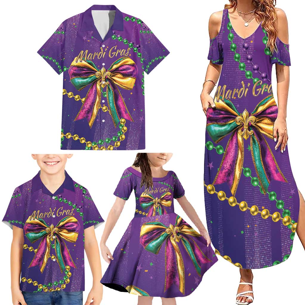 Mardi Gras Family Matching Summer Maxi Dress and Hawaiian Shirt Coquette Bow Glitter Motifs - Wonder Print Shop