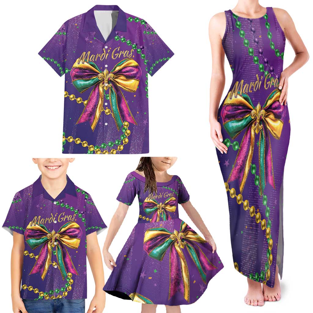 Mardi Gras Family Matching Tank Maxi Dress and Hawaiian Shirt Coquette Bow Glitter Motifs - Wonder Print Shop