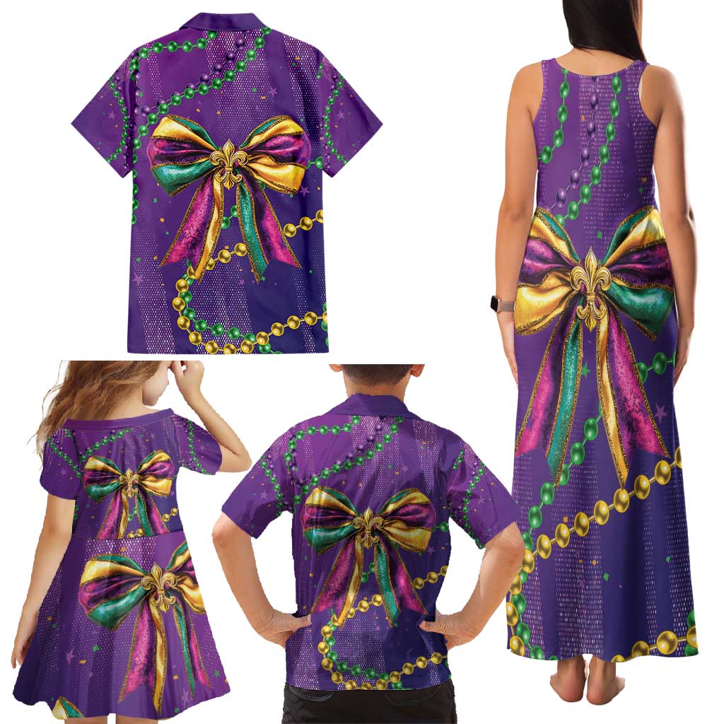 Mardi Gras Family Matching Tank Maxi Dress and Hawaiian Shirt Coquette Bow Glitter Motifs - Wonder Print Shop