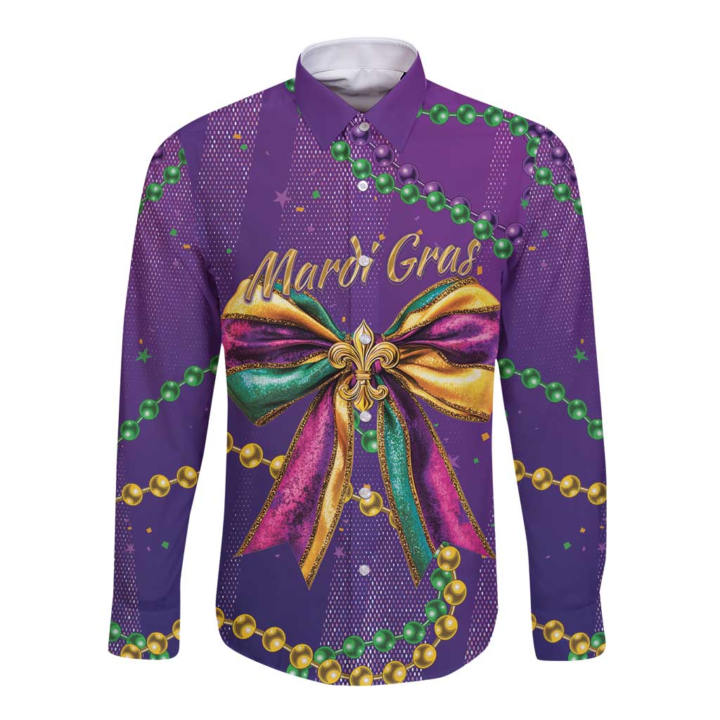 Mardi Gras Long Sleeve Button Shirt Coquette Bow Glitter Motifs - Wonder Print Shop