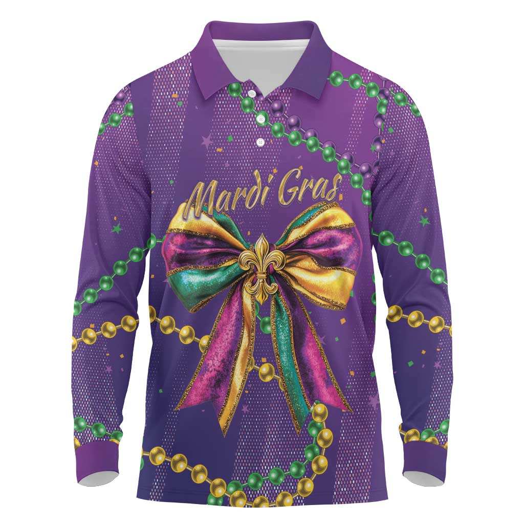 Mardi Gras Long Sleeve Polo Shirt Coquette Bow Glitter Motifs - Wonder Print Shop