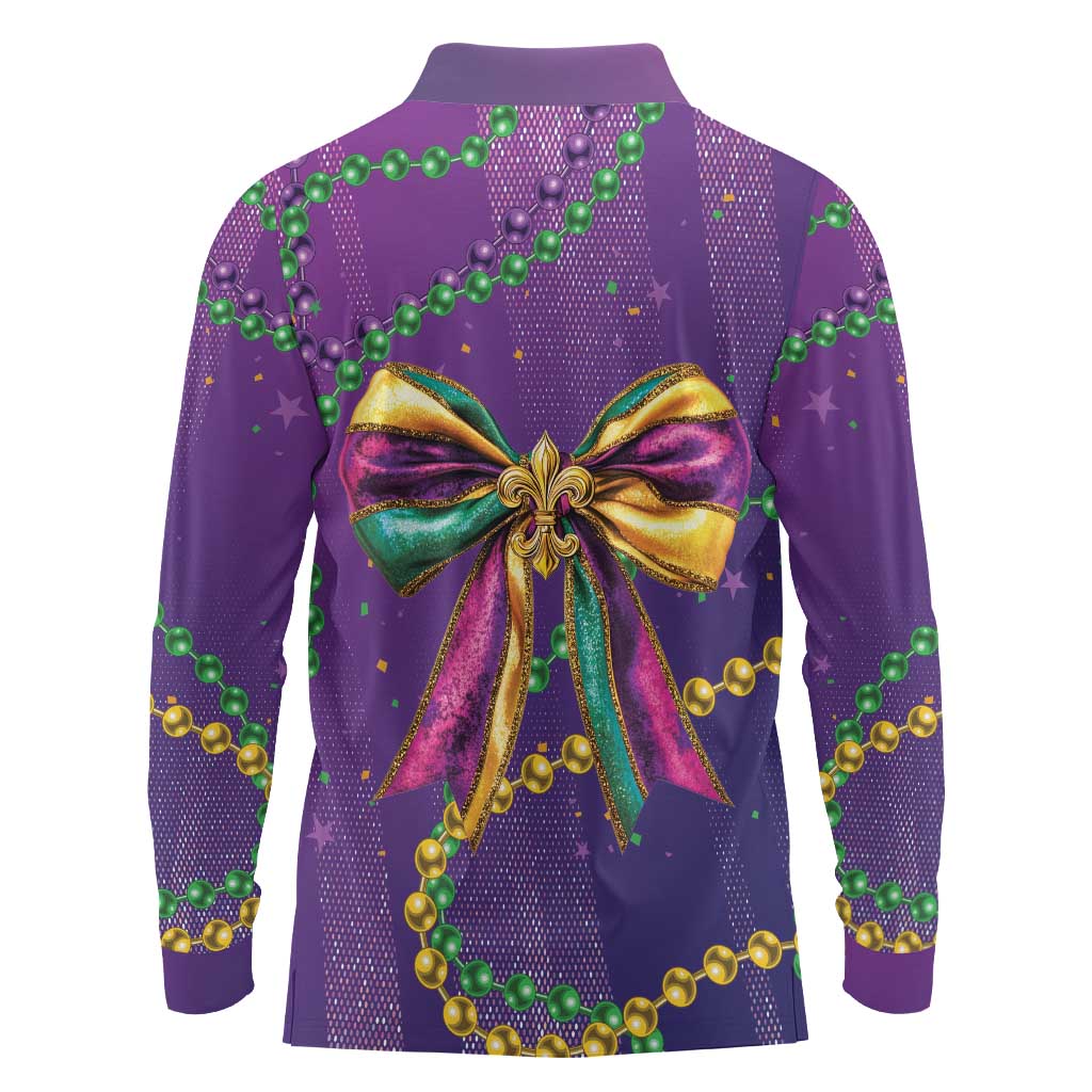 Mardi Gras Long Sleeve Polo Shirt Coquette Bow Glitter Motifs - Wonder Print Shop