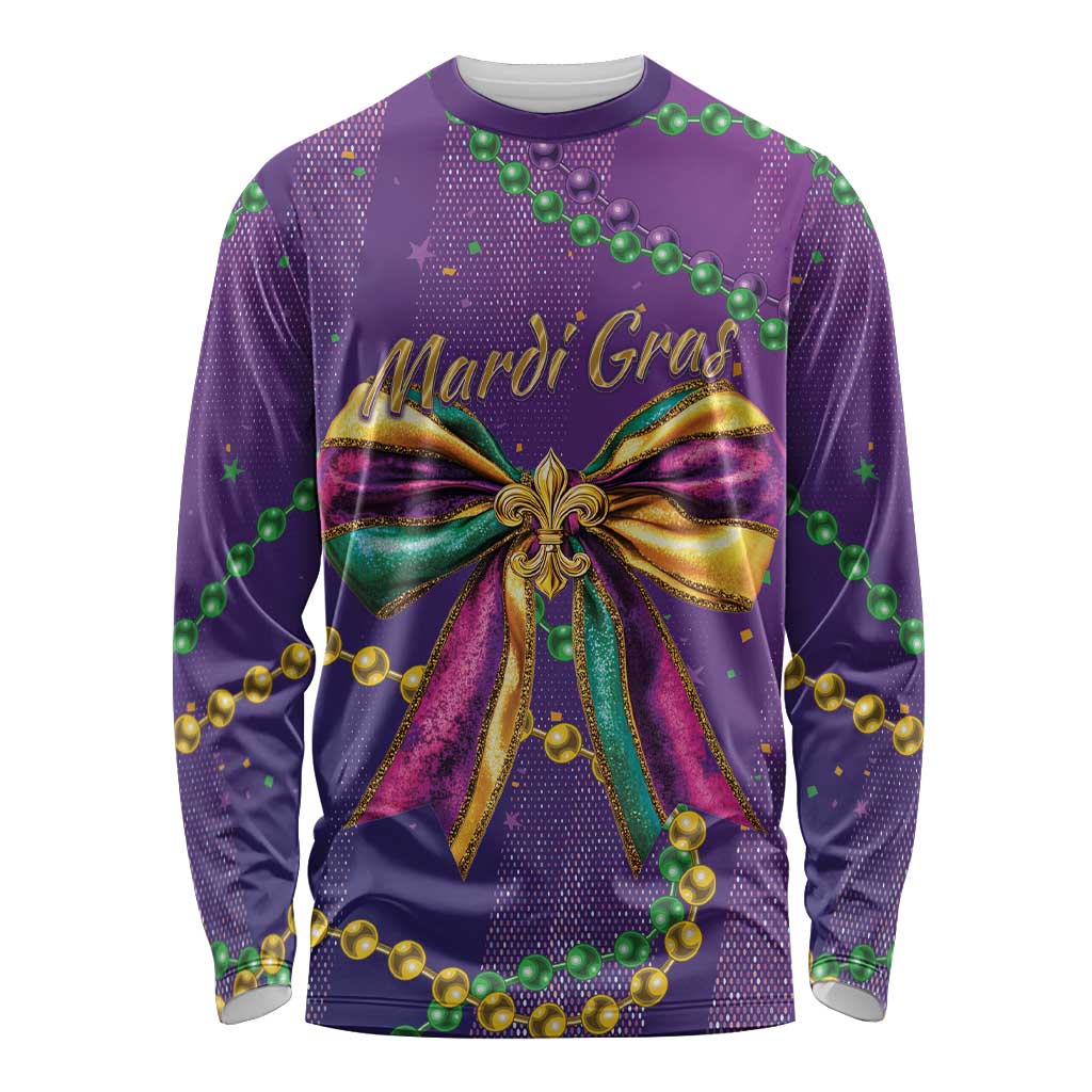 Mardi Gras Long Sleeve Shirt Coquette Bow Glitter Motifs - Wonder Print Shop