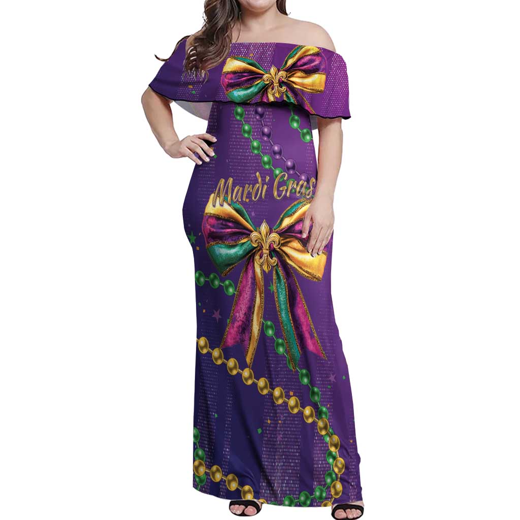 Mardi Gras Off Shoulder Maxi Dress Coquette Bow Glitter Motifs - Wonder Print Shop