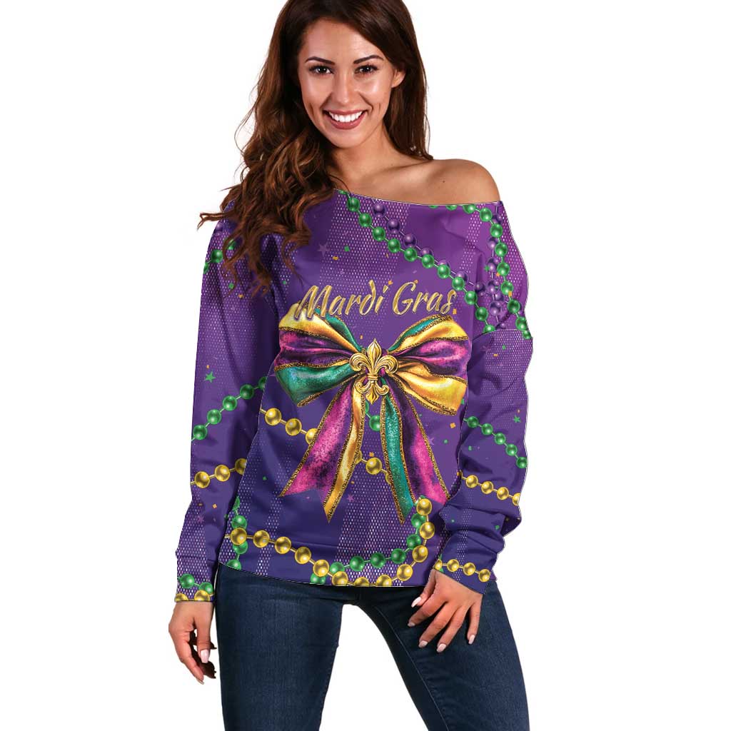 Mardi Gras Off Shoulder Sweater Coquette Bow Glitter Motifs - Wonder Print Shop