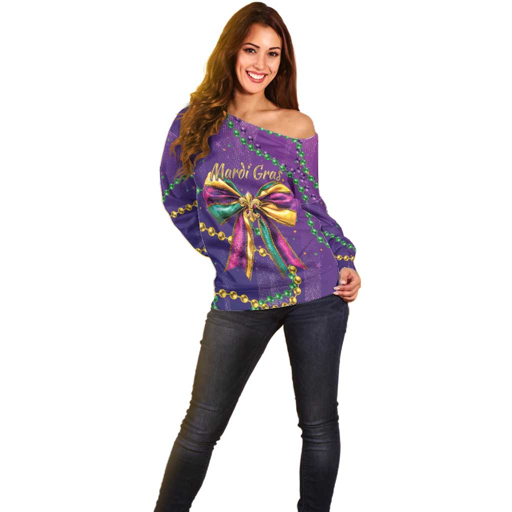 Mardi Gras Off Shoulder Sweater Coquette Bow Glitter Motifs - Wonder Print Shop