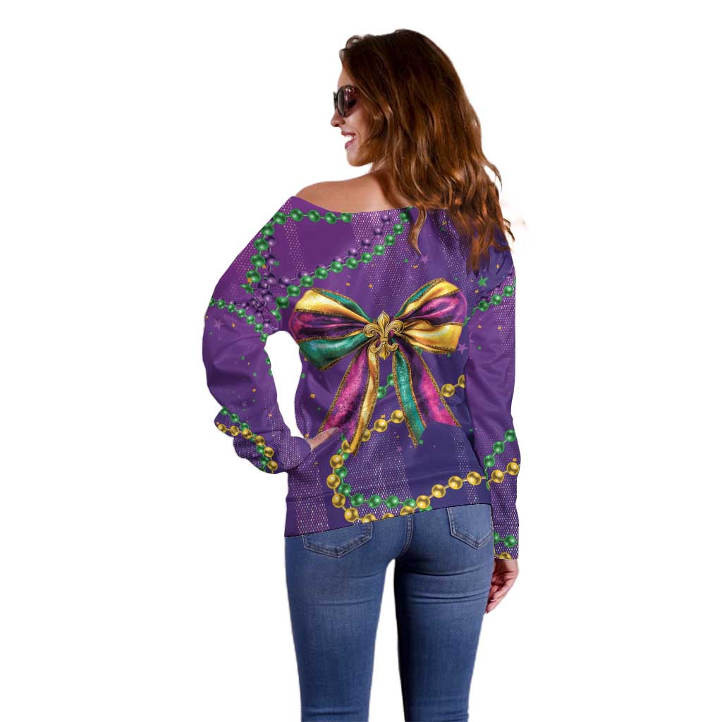 Mardi Gras Off Shoulder Sweater Coquette Bow Glitter Motifs - Wonder Print Shop