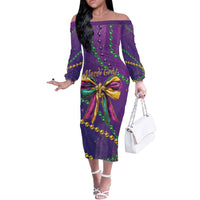 Mardi Gras Off The Shoulder Long Sleeve Dress Coquette Bow Glitter Motifs - Wonder Print Shop