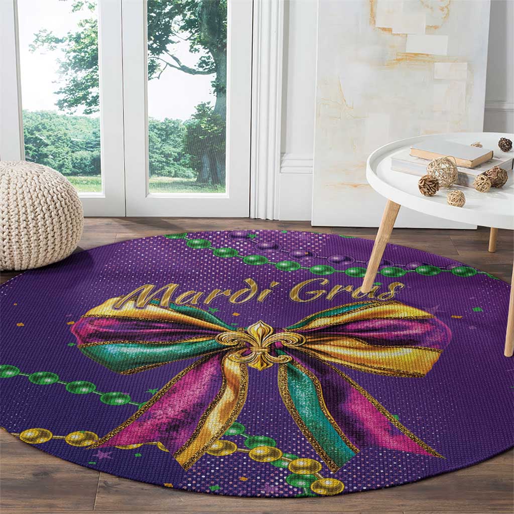 Mardi Gras Round Carpet Coquette Bow Glitter Motifs