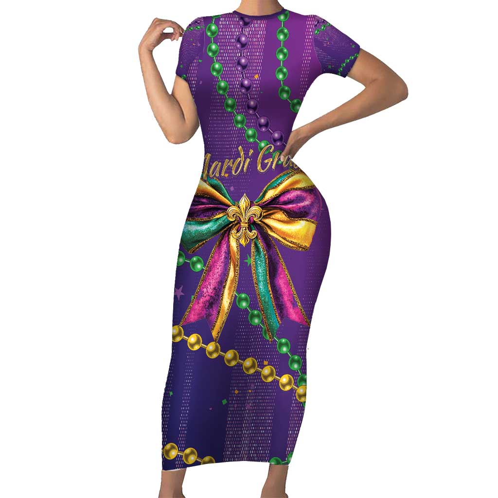 Mardi Gras Short Sleeve Bodycon Dress Coquette Bow Glitter Motifs - Wonder Print Shop