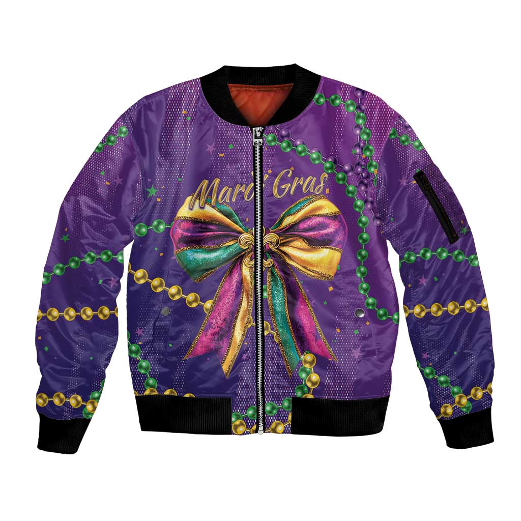 Mardi Gras Sleeve Zip Bomber Jacket Coquette Bow Glitter Motifs - Wonder Print Shop