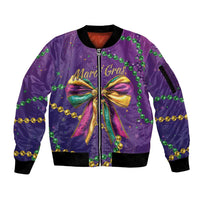 Mardi Gras Sleeve Zip Bomber Jacket Coquette Bow Glitter Motifs - Wonder Print Shop