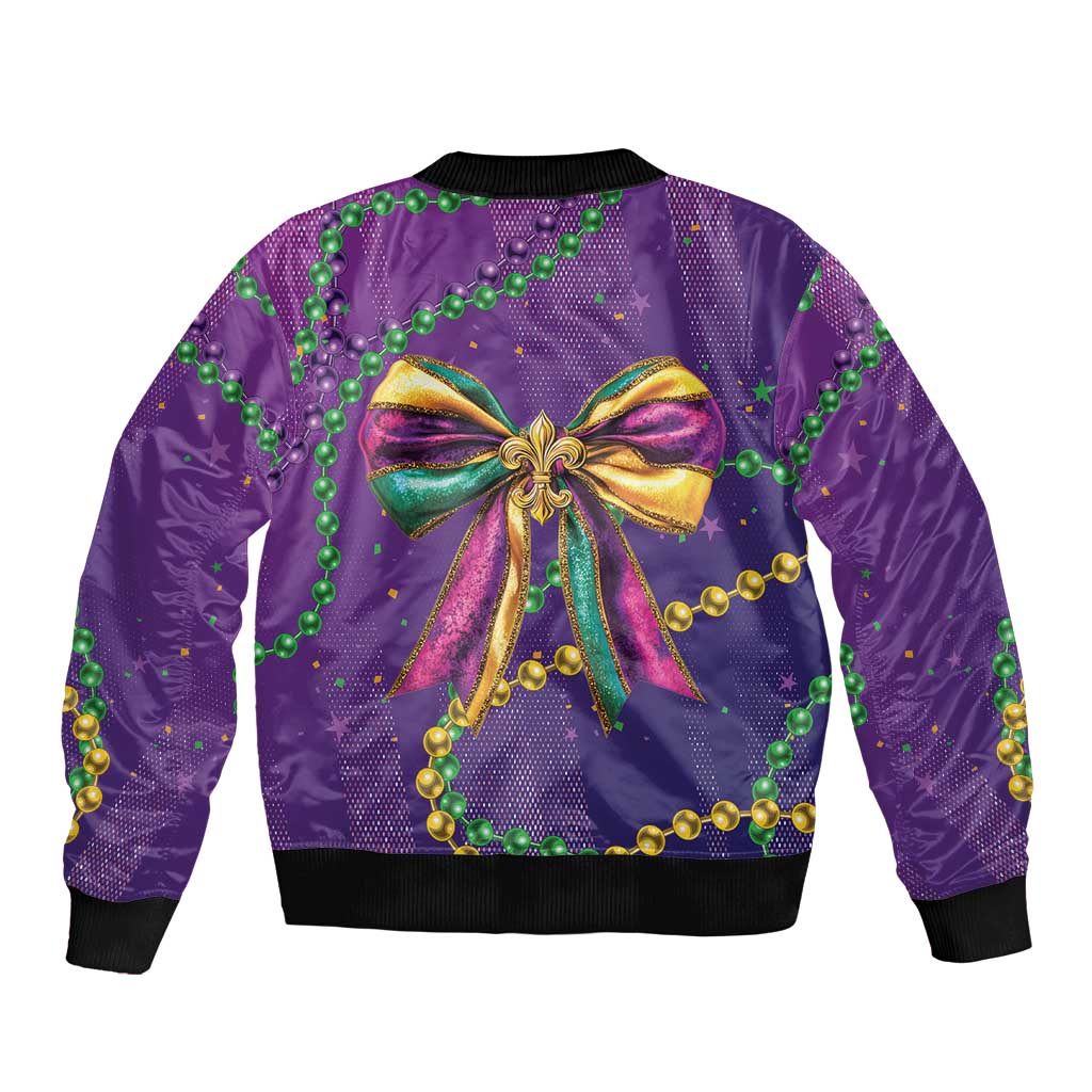 Mardi Gras Sleeve Zip Bomber Jacket Coquette Bow Glitter Motifs - Wonder Print Shop