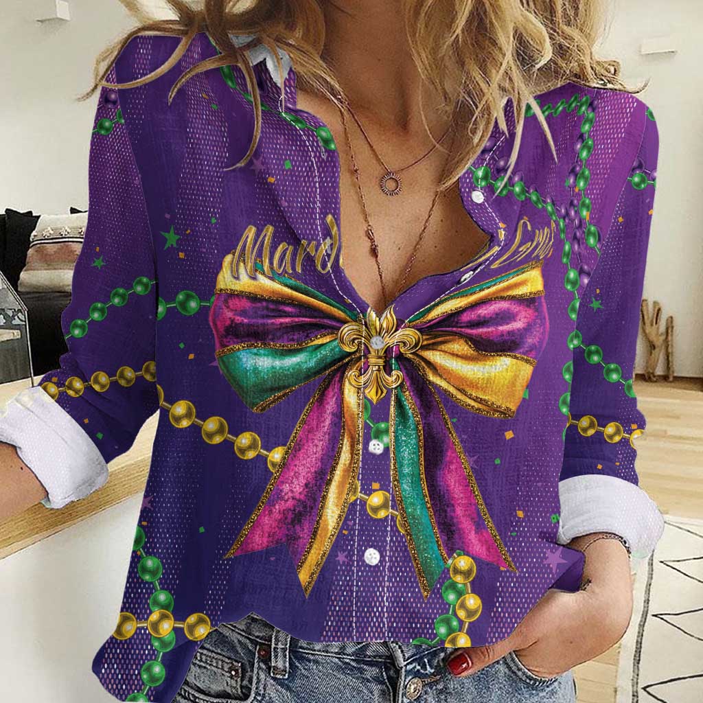 Mardi Gras Women Casual Shirt Coquette Bow Glitter Motifs - Wonder Print Shop