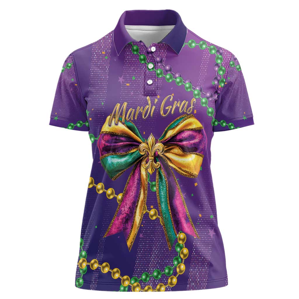 Mardi Gras Women Polo Shirt Coquette Bow Glitter Motifs - Wonder Print Shop