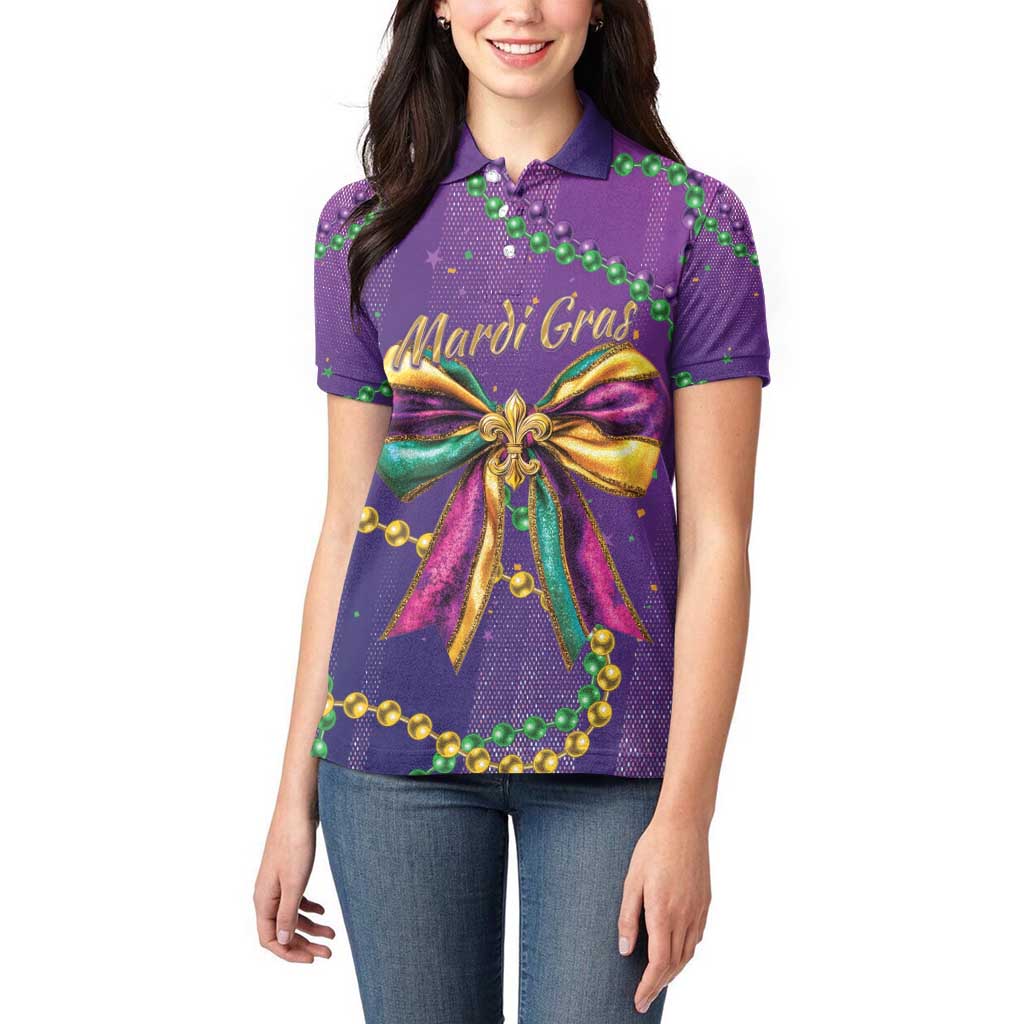 Mardi Gras Women Polo Shirt Coquette Bow Glitter Motifs - Wonder Print Shop