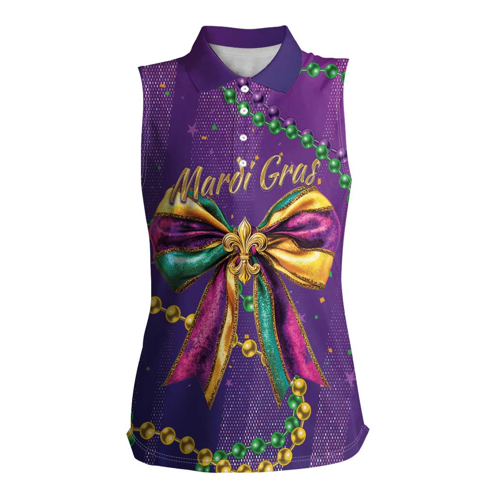 Mardi Gras Women Sleeveless Polo Shirt Coquette Bow Glitter Motifs - Wonder Print Shop