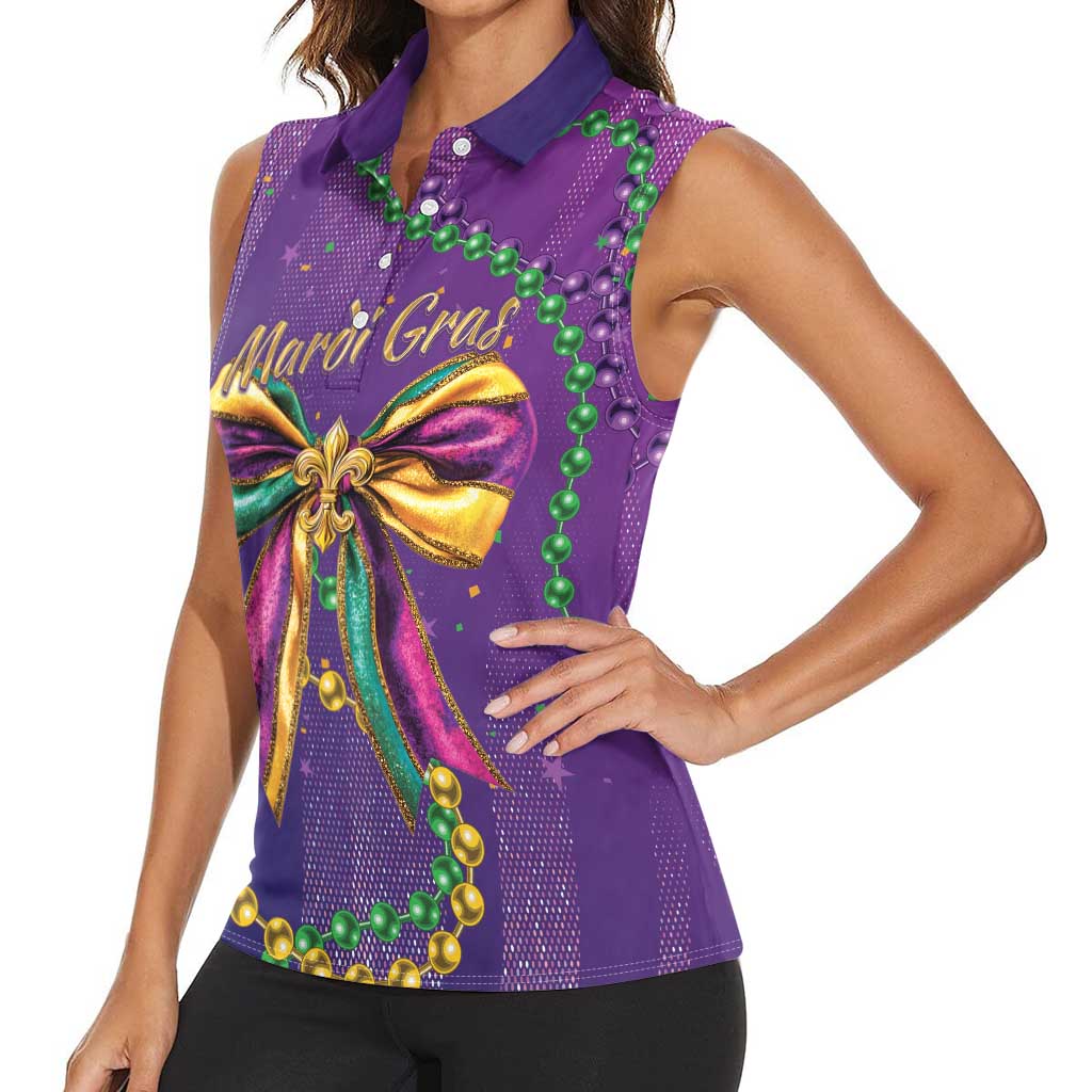 Mardi Gras Women Sleeveless Polo Shirt Coquette Bow Glitter Motifs - Wonder Print Shop