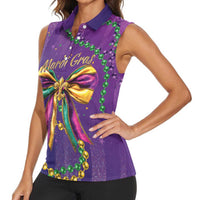 Mardi Gras Women Sleeveless Polo Shirt Coquette Bow Glitter Motifs - Wonder Print Shop