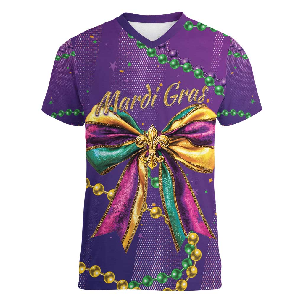Mardi Gras Women V-Neck T-Shirt Coquette Bow Glitter Motifs - Wonder Print Shop