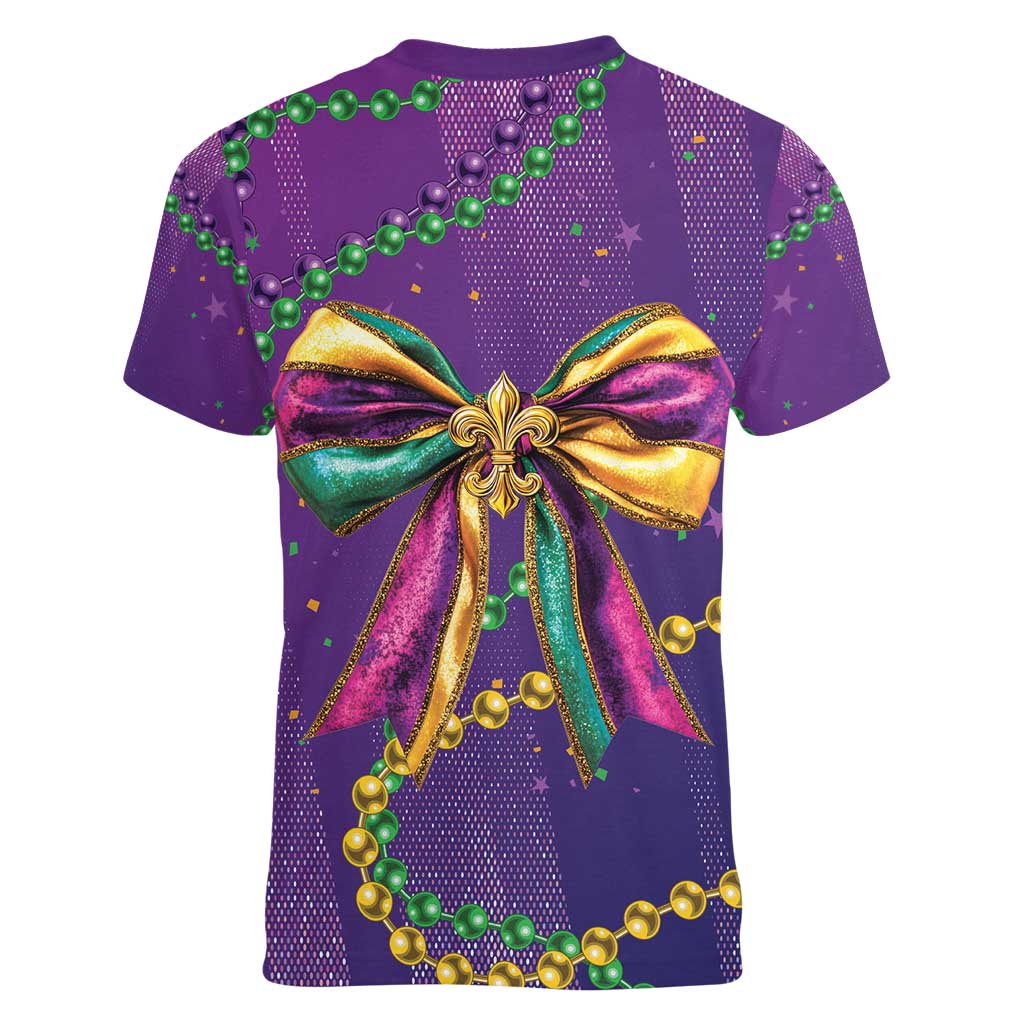 Mardi Gras Women V-Neck T-Shirt Coquette Bow Glitter Motifs - Wonder Print Shop