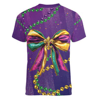 Mardi Gras Women V-Neck T-Shirt Coquette Bow Glitter Motifs - Wonder Print Shop