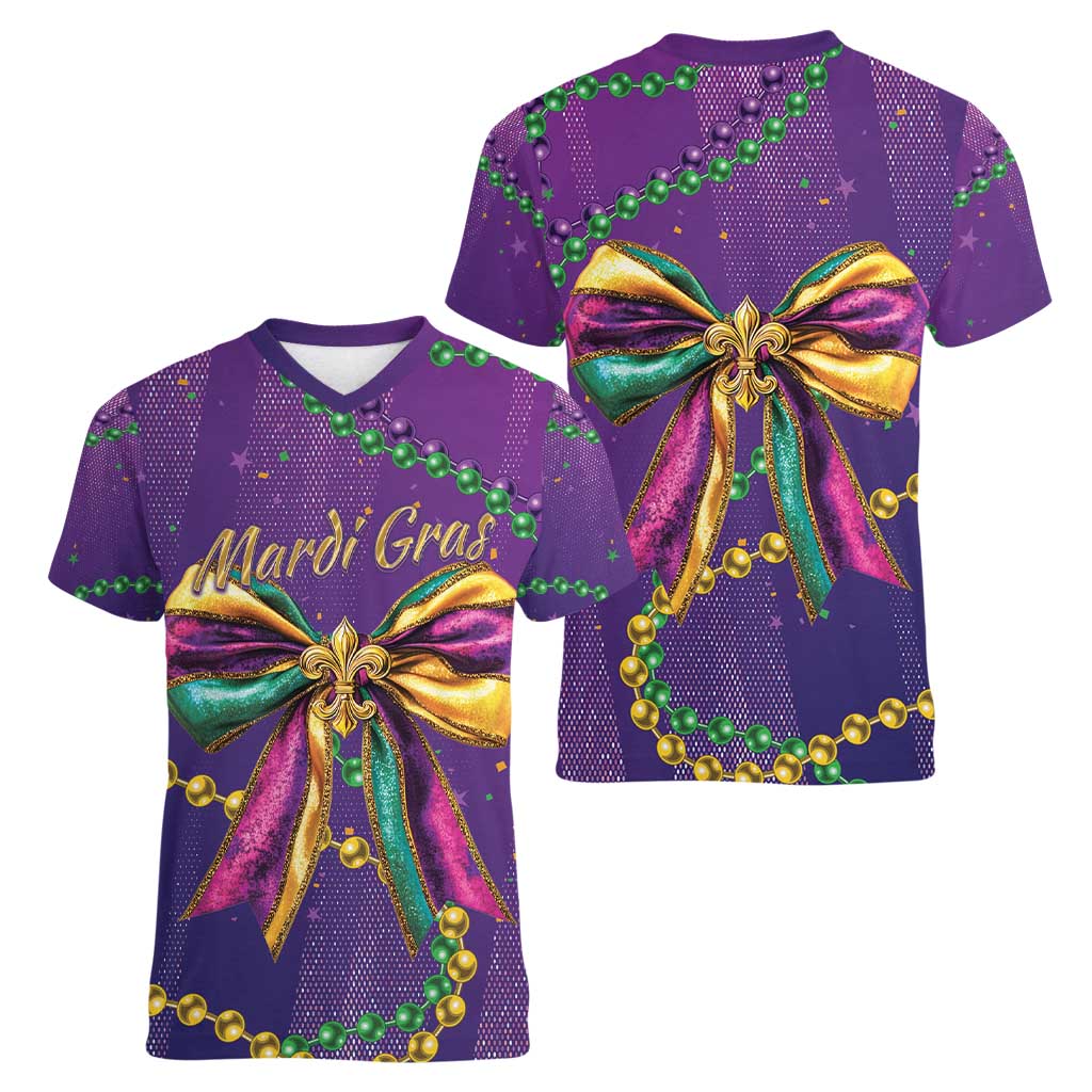 Mardi Gras Women V-Neck T-Shirt Coquette Bow Glitter Motifs - Wonder Print Shop