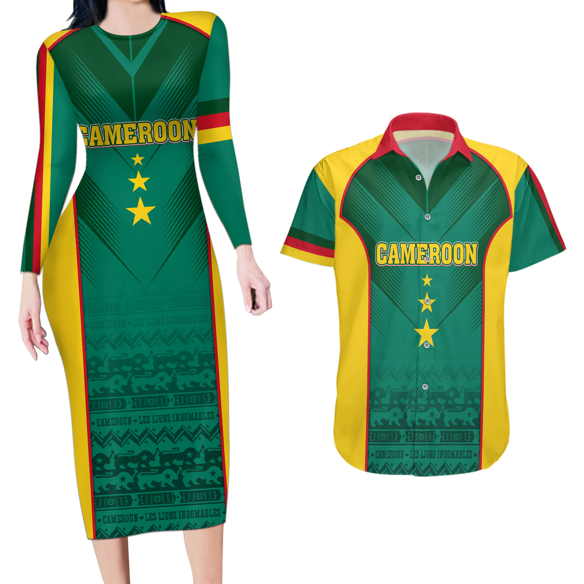 Custom Cameroon Football Couples Matching Long Sleeve Bodycon Dress and Hawaiian Shirt Nations Cup 2024 Les Lions Indomptables LT7 - Wonder Print Shop