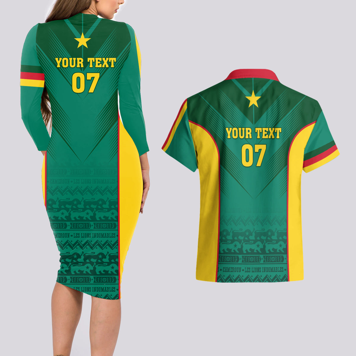 Custom Cameroon Football Couples Matching Long Sleeve Bodycon Dress and Hawaiian Shirt Nations Cup 2024 Les Lions Indomptables LT7 - Wonder Print Shop