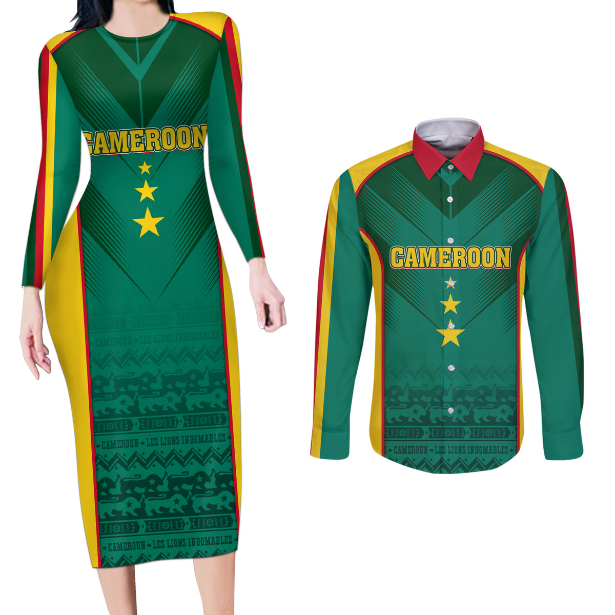 Custom Cameroon Football Couples Matching Long Sleeve Bodycon Dress and Long Sleeve Button Shirt Nations Cup 2024 Les Lions Indomptables LT7 - Wonder Print Shop