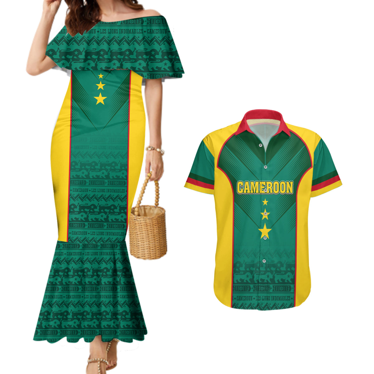 Custom Cameroon Football Couples Matching Mermaid Dress and Hawaiian Shirt Nations Cup 2024 Les Lions Indomptables