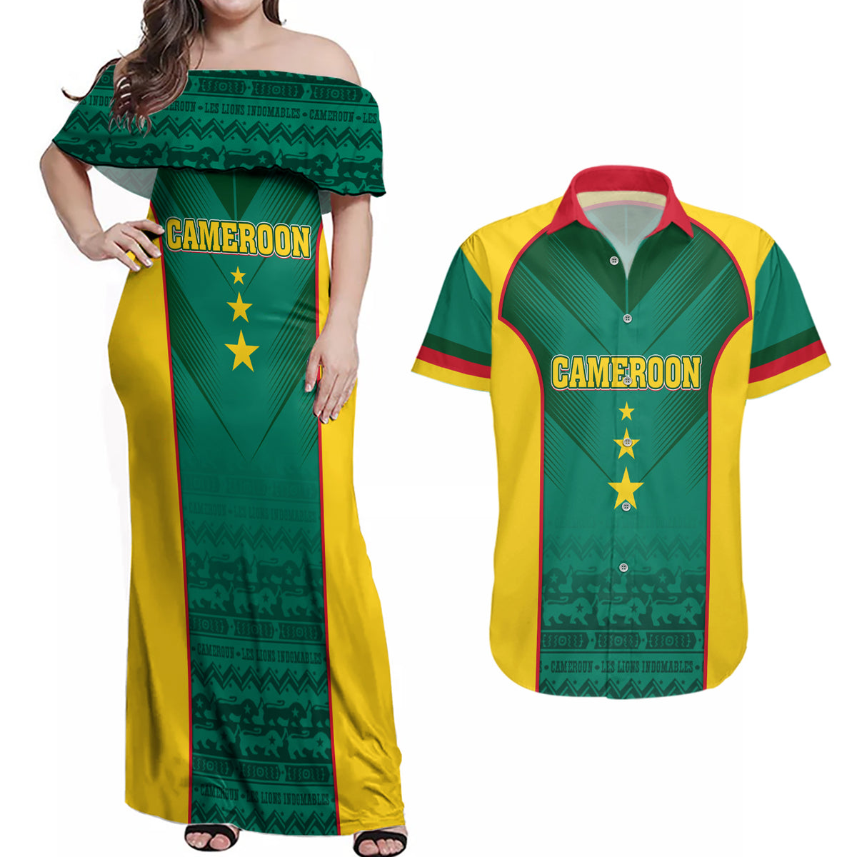 Custom Cameroon Football Couples Matching Off Shoulder Maxi Dress and Hawaiian Shirt Nations Cup 2024 Les Lions Indomptables LT7 - Wonder Print Shop