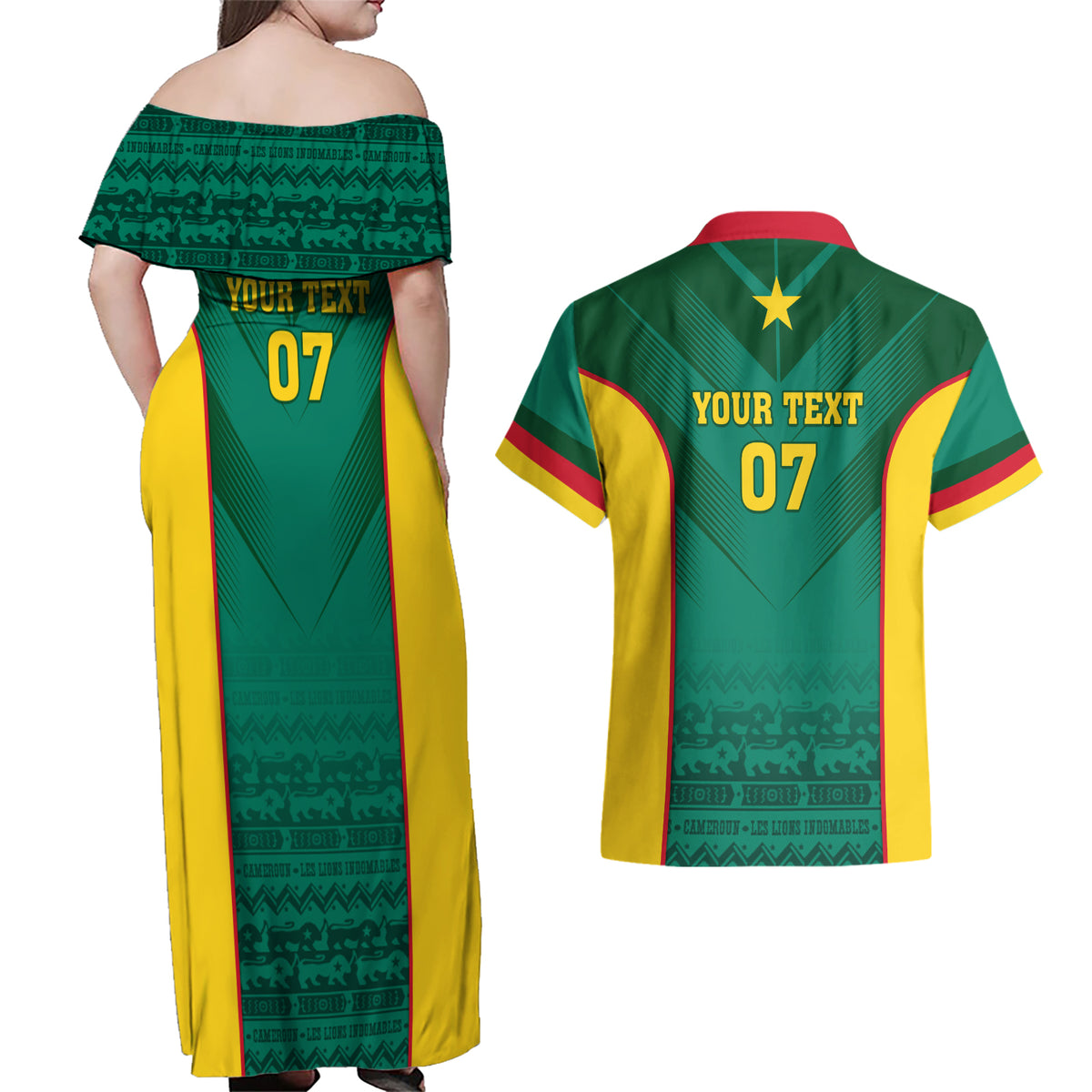 Custom Cameroon Football Couples Matching Off Shoulder Maxi Dress and Hawaiian Shirt Nations Cup 2024 Les Lions Indomptables LT7 - Wonder Print Shop