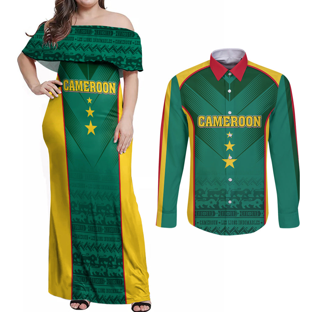 Custom Cameroon Football Couples Matching Off Shoulder Maxi Dress and Long Sleeve Button Shirt Nations Cup 2024 Les Lions Indomptables