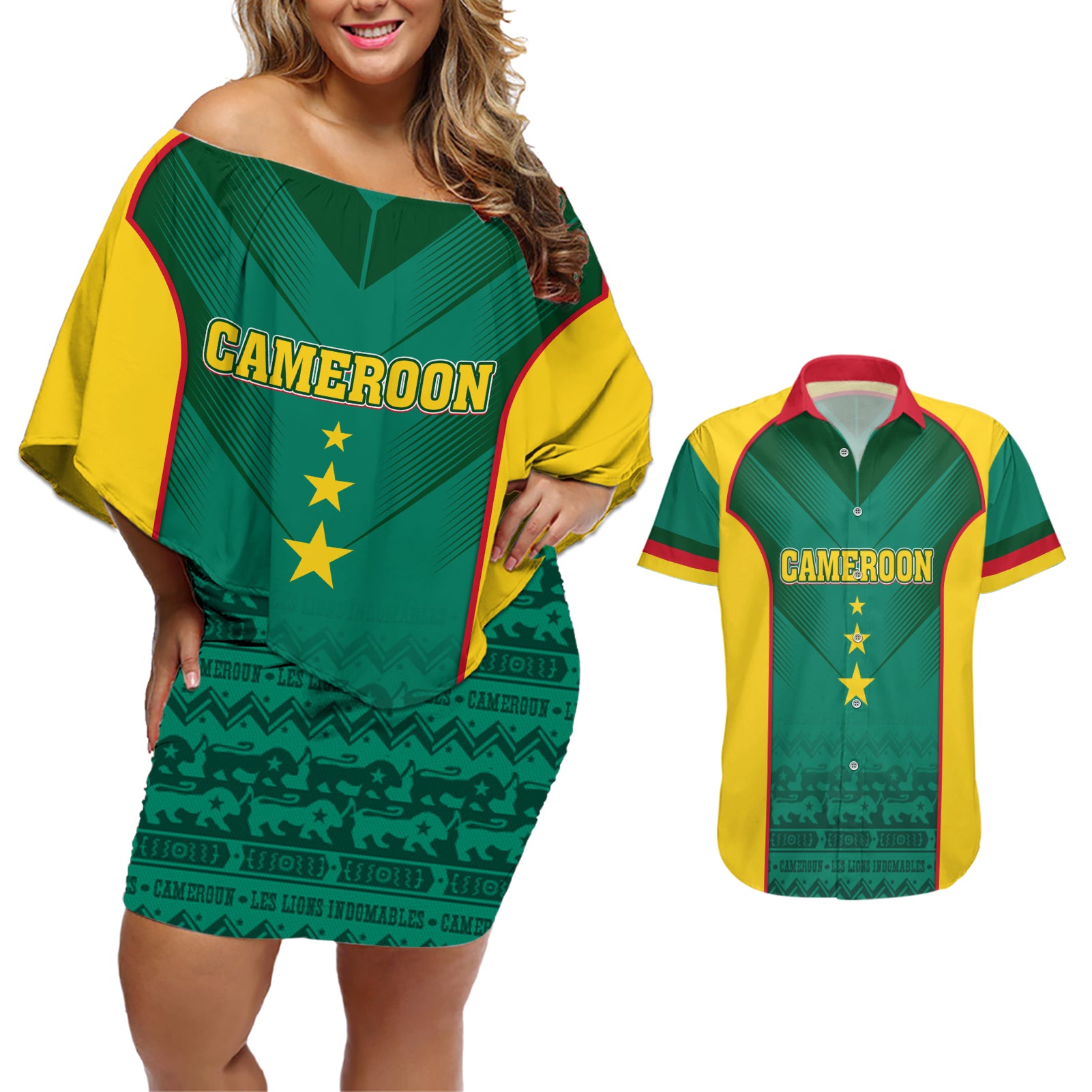 Custom Cameroon Football Couples Matching Off Shoulder Short Dress and Hawaiian Shirt Nations Cup 2024 Les Lions Indomptables