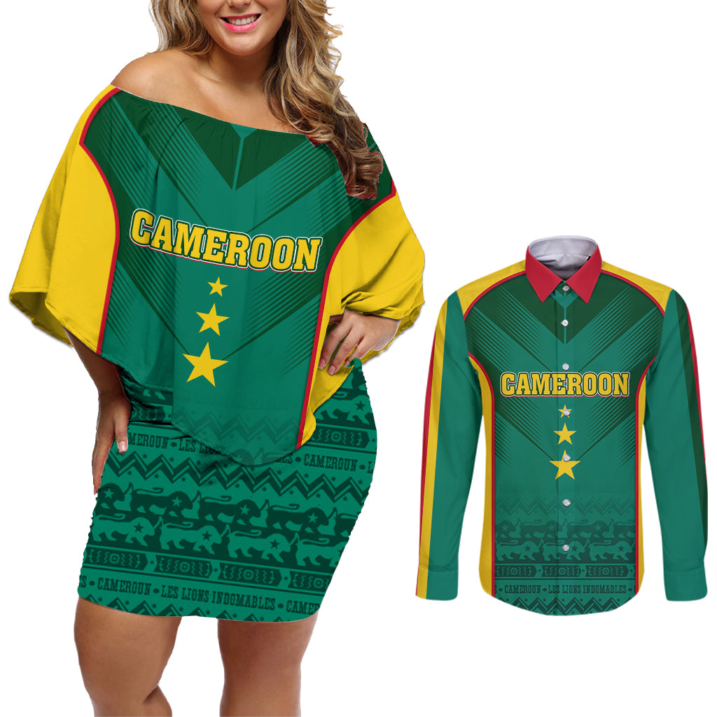 Custom Cameroon Football Couples Matching Off Shoulder Short Dress and Long Sleeve Button Shirt Nations Cup 2024 Les Lions Indomptables