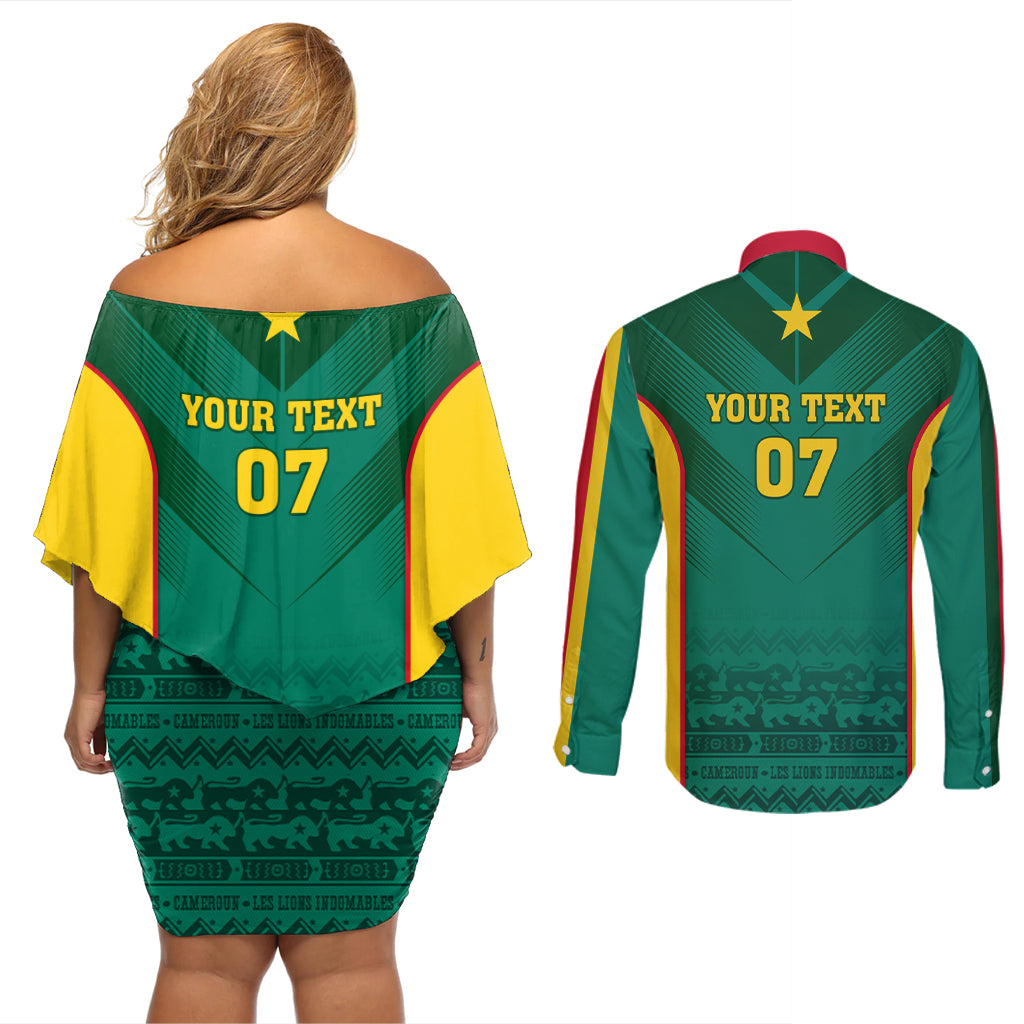 Custom Cameroon Football Couples Matching Off Shoulder Short Dress and Long Sleeve Button Shirt Nations Cup 2024 Les Lions Indomptables LT7 - Wonder Print Shop
