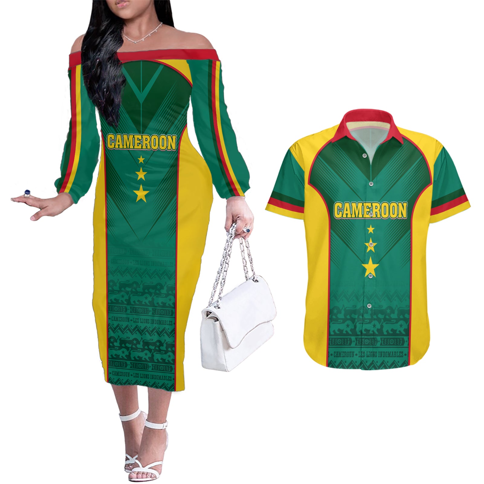 Custom Cameroon Football Couples Matching Off The Shoulder Long Sleeve Dress and Hawaiian Shirt Nations Cup 2024 Les Lions Indomptables