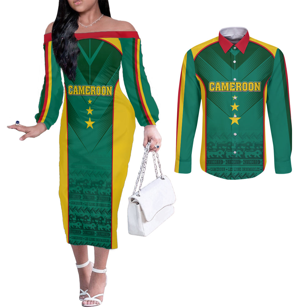 Custom Cameroon Football Couples Matching Off The Shoulder Long Sleeve Dress and Long Sleeve Button Shirt Nations Cup 2024 Les Lions Indomptables