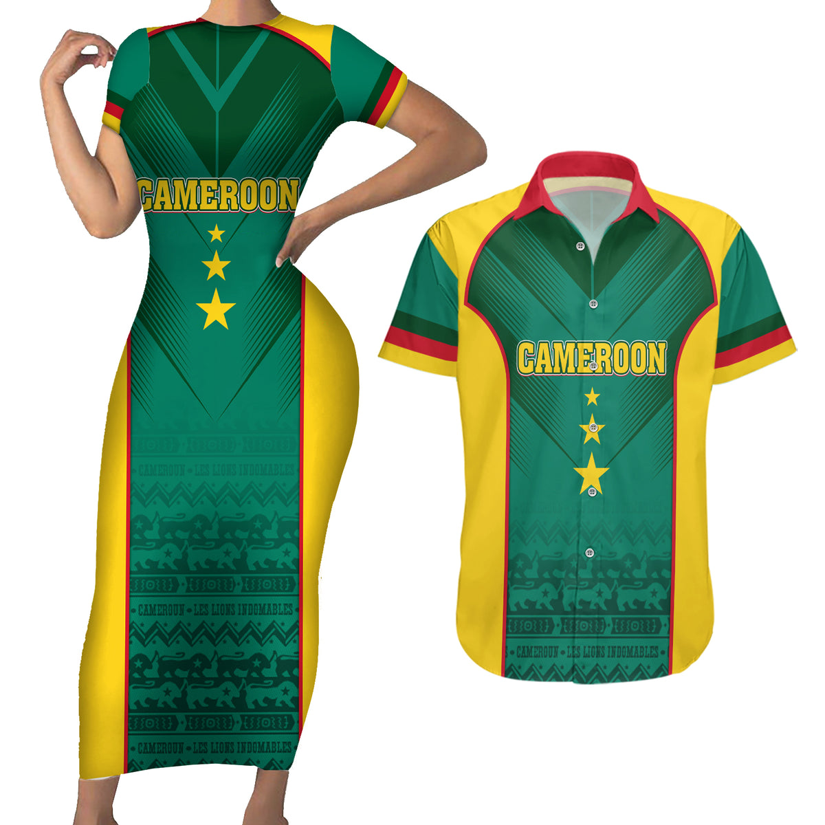 Custom Cameroon Football Couples Matching Short Sleeve Bodycon Dress and Hawaiian Shirt Nations Cup 2024 Les Lions Indomptables LT7 - Wonder Print Shop