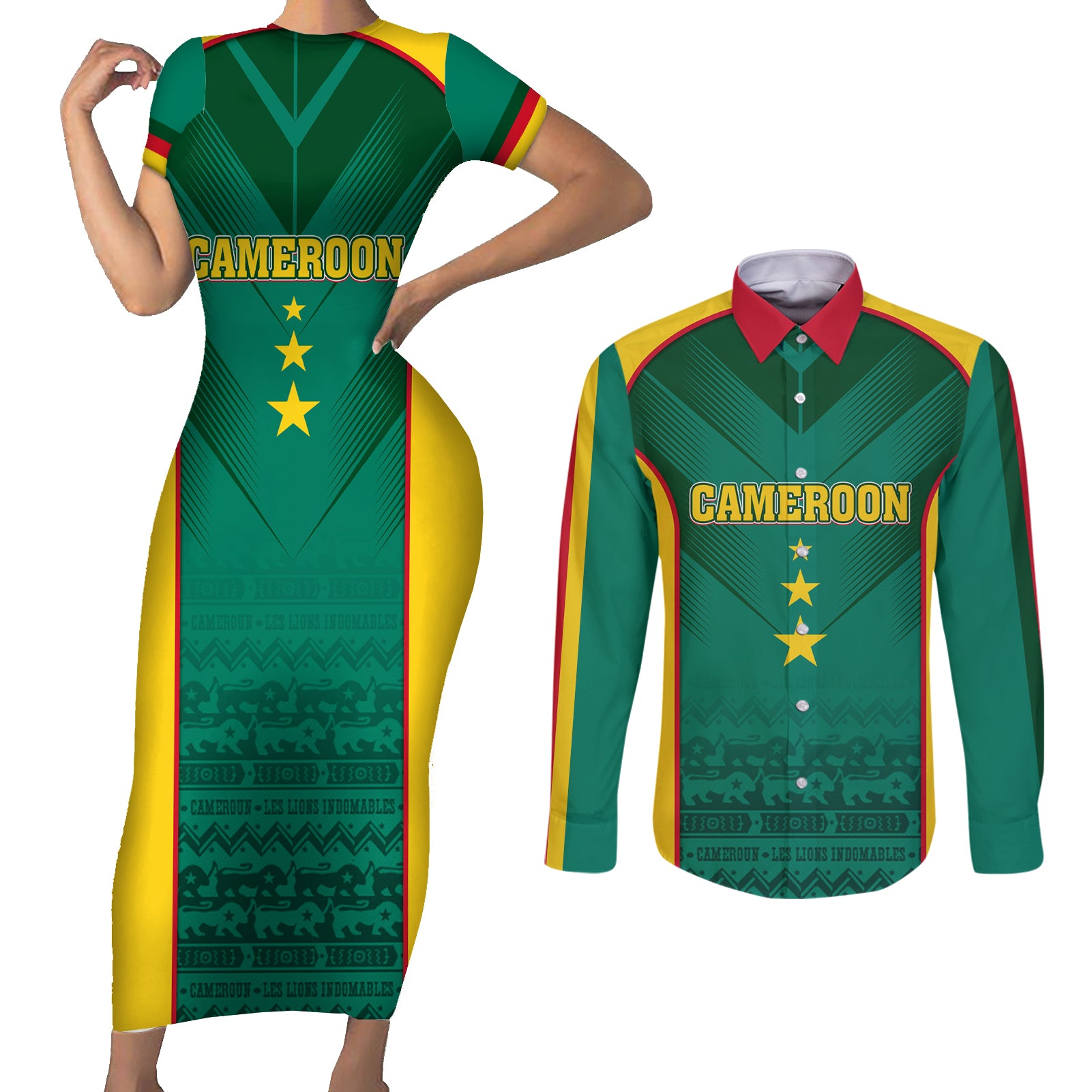 Custom Cameroon Football Couples Matching Short Sleeve Bodycon Dress and Long Sleeve Button Shirt Nations Cup 2024 Les Lions Indomptables
