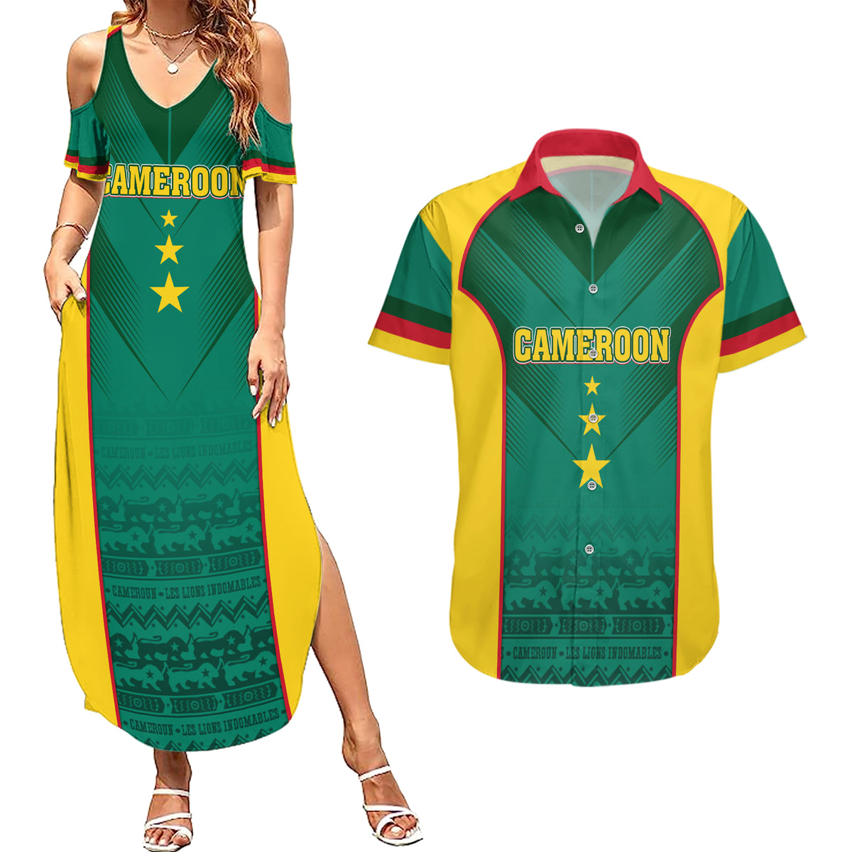 Custom Cameroon Football Couples Matching Summer Maxi Dress and Hawaiian Shirt Nations Cup 2024 Les Lions Indomptables LT7 - Wonder Print Shop