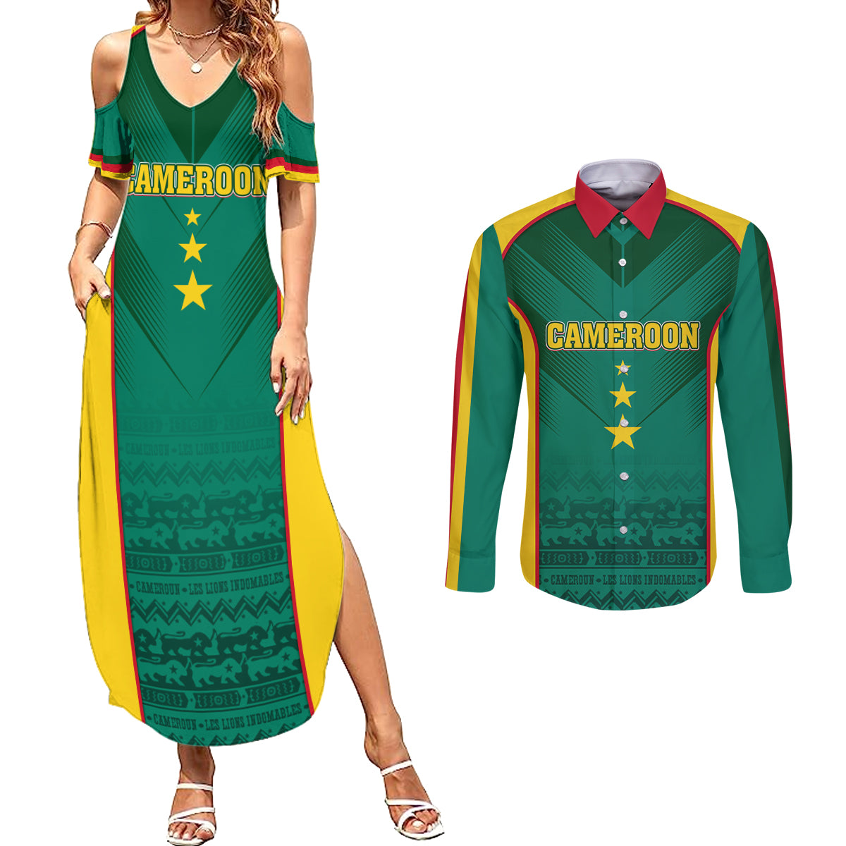 Custom Cameroon Football Couples Matching Summer Maxi Dress and Long Sleeve Button Shirt Nations Cup 2024 Les Lions Indomptables