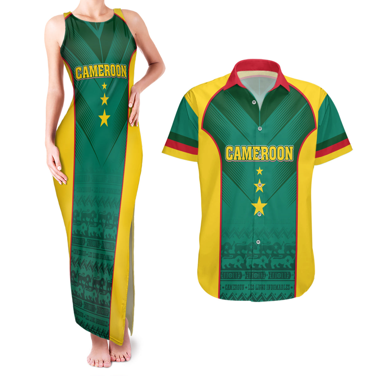 Custom Cameroon Football Couples Matching Tank Maxi Dress and Hawaiian Shirt Nations Cup 2024 Les Lions Indomptables LT7 - Wonder Print Shop