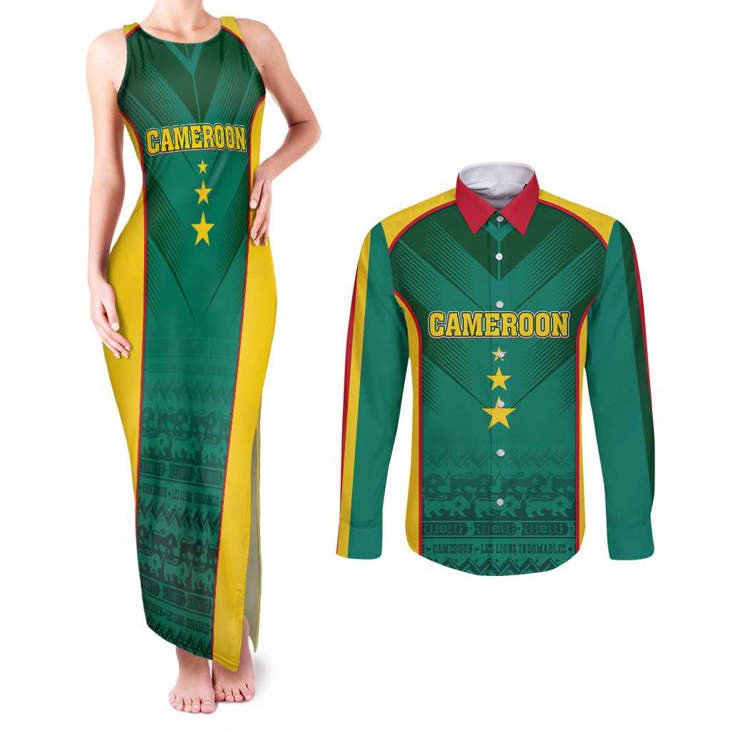 Custom Cameroon Football Couples Matching Tank Maxi Dress and Long Sleeve Button Shirt Nations Cup 2024 Les Lions Indomptables