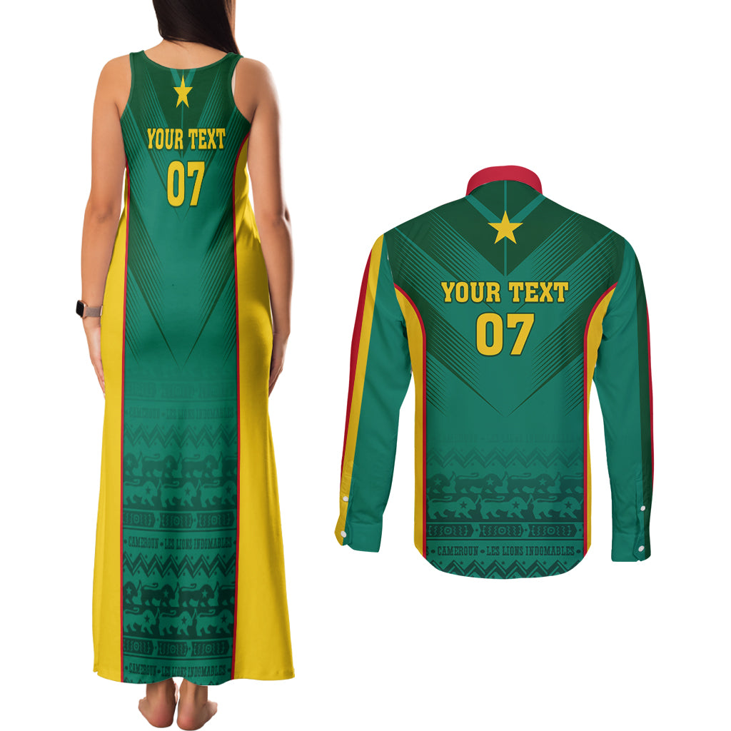 Custom Cameroon Football Couples Matching Tank Maxi Dress and Long Sleeve Button Shirt Nations Cup 2024 Les Lions Indomptables LT7 - Wonder Print Shop