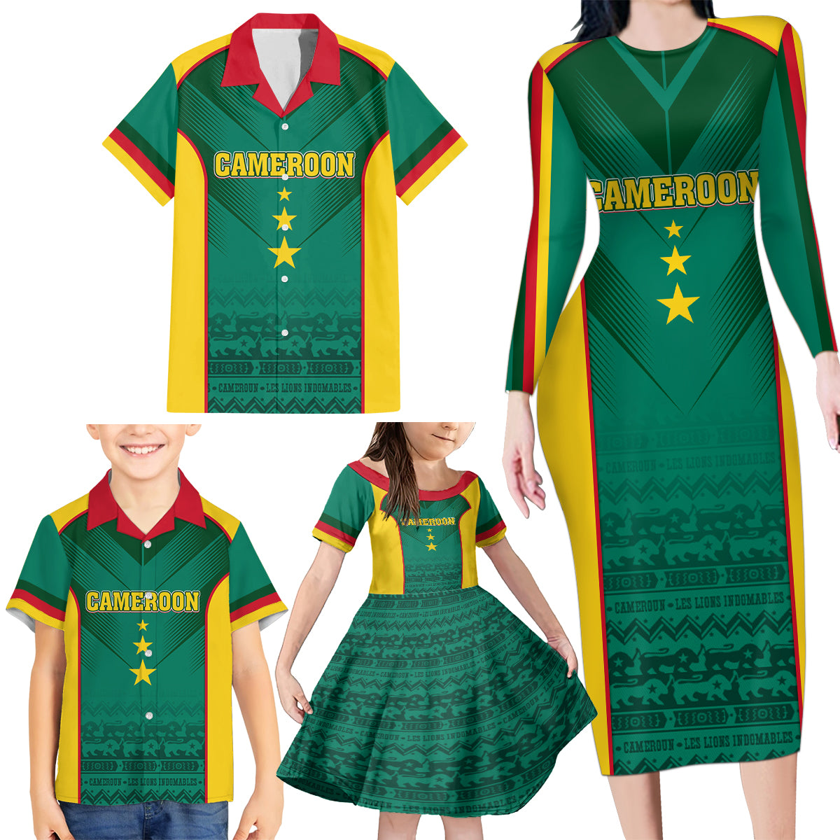 Custom Cameroon Football Family Matching Long Sleeve Bodycon Dress and Hawaiian Shirt Nations Cup 2024 Les Lions Indomptables